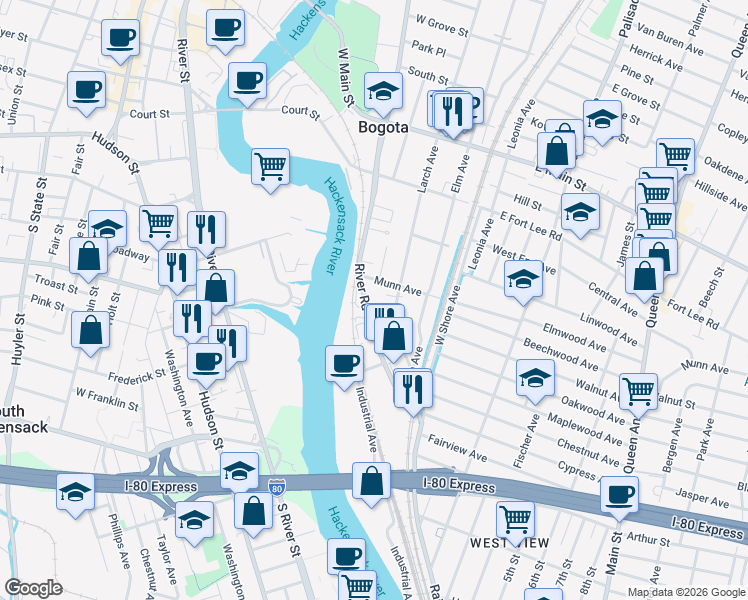 map of restaurants, bars, coffee shops, grocery stores, and more near 136 River Road in Bogota