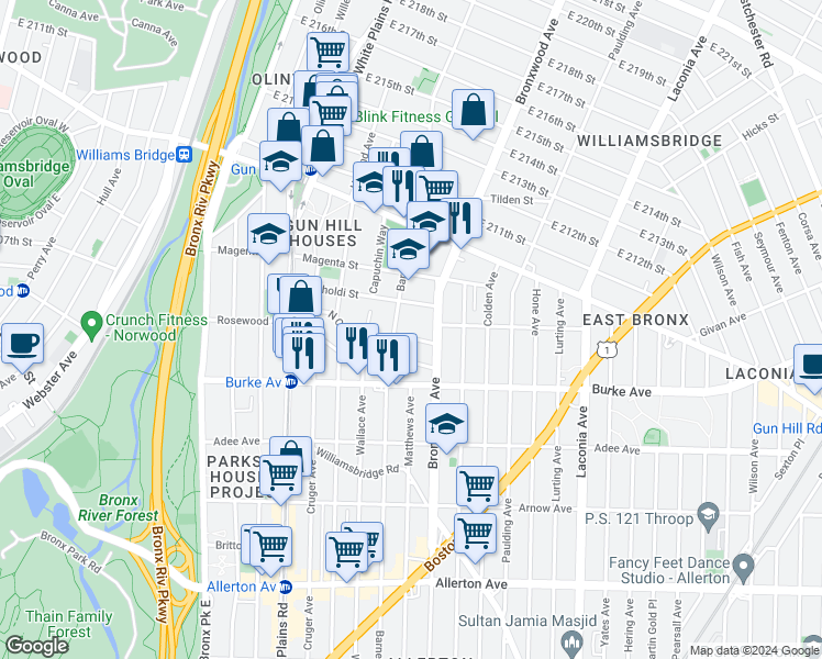 map of restaurants, bars, coffee shops, grocery stores, and more near 813 Chestnut Street in The Bronx