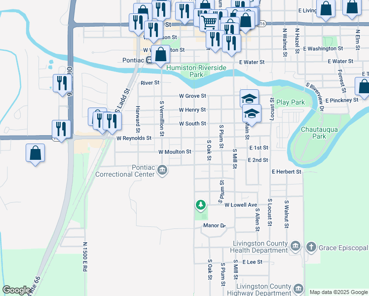map of restaurants, bars, coffee shops, grocery stores, and more near 506 West Reynolds Street in Pontiac