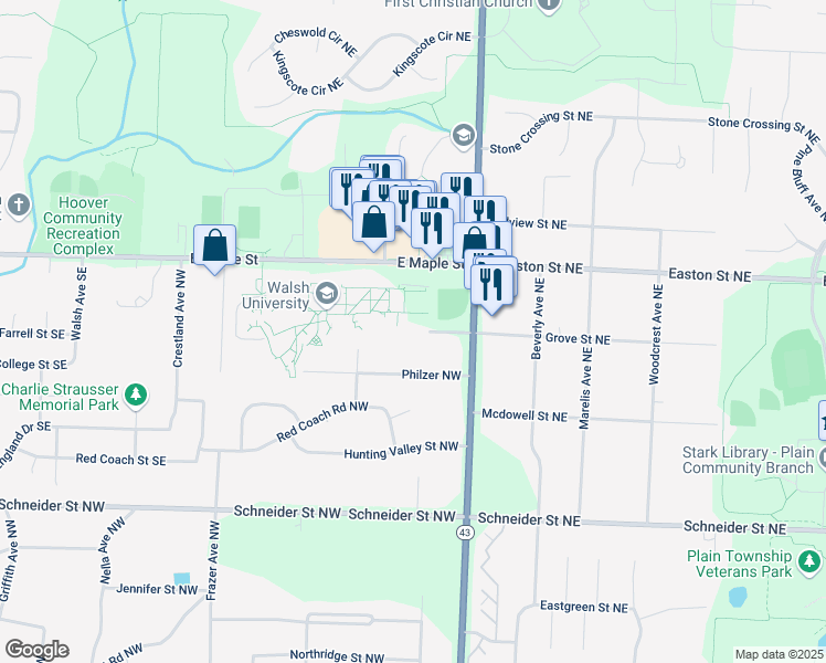 map of restaurants, bars, coffee shops, grocery stores, and more near Grove Street Northeast in North Canton