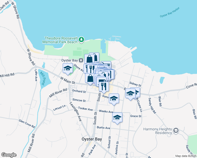 map of restaurants, bars, coffee shops, grocery stores, and more near 54 Audrey Avenue in Oyster Bay