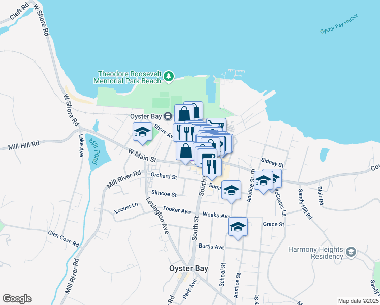 map of restaurants, bars, coffee shops, grocery stores, and more near 54 Audrey Avenue in Oyster Bay