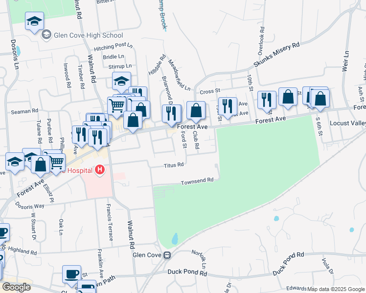 map of restaurants, bars, coffee shops, grocery stores, and more near 17 Harrison Avenue in Glen Cove