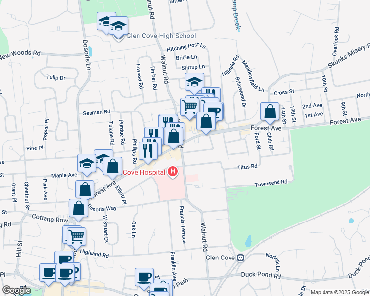 map of restaurants, bars, coffee shops, grocery stores, and more near 111 Forest Avenue in Glen Cove