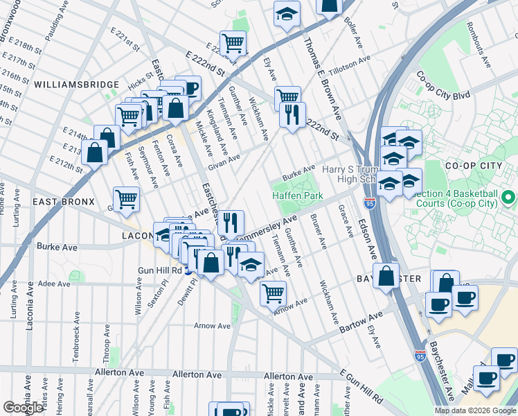 map of restaurants, bars, coffee shops, grocery stores, and more near 3150 Kingsland Avenue in The Bronx