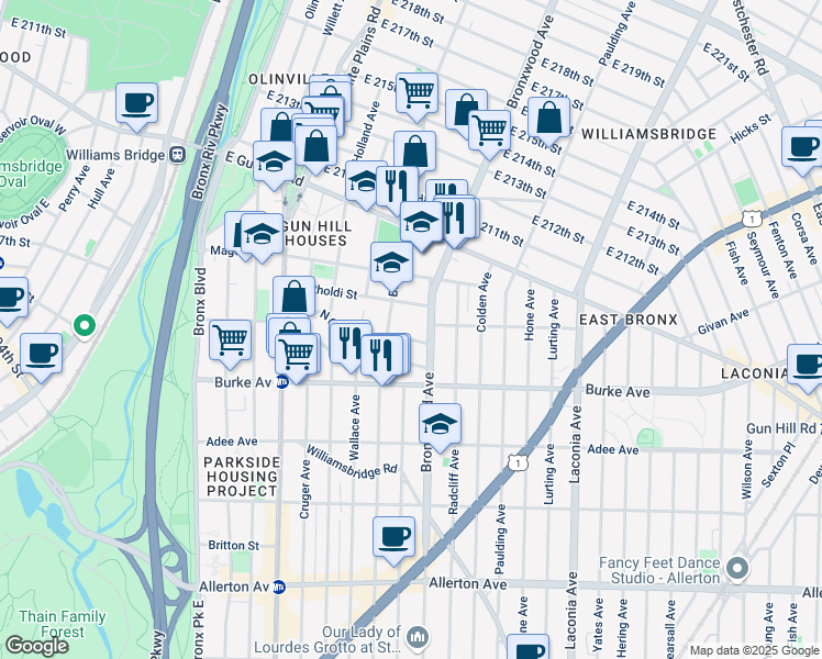 map of restaurants, bars, coffee shops, grocery stores, and more near 3309 Bronxwood Avenue in Bronx