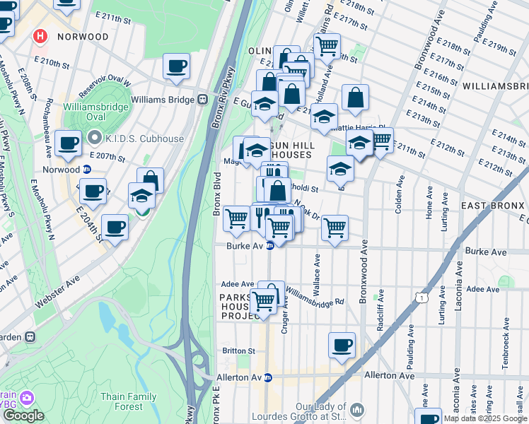 map of restaurants, bars, coffee shops, grocery stores, and more near 3309 White Plains Road in Bronx