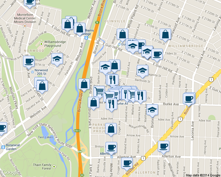 map of restaurants, bars, coffee shops, grocery stores, and more near 3309 White Plains Road in Bronx
