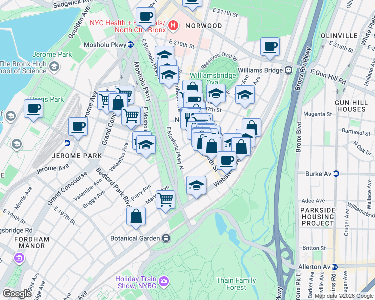 map of restaurants, bars, coffee shops, grocery stores, and more near in The Bronx