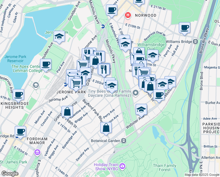 map of restaurants, bars, coffee shops, grocery stores, and more near 265 East 203rd Street in Bronx