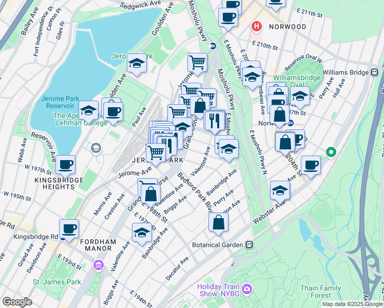 map of restaurants, bars, coffee shops, grocery stores, and more near 201 East 202nd Street in Bronx