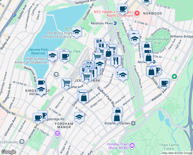 map of restaurants, bars, coffee shops, grocery stores, and more near 3053 Villa Avenue in Bronx