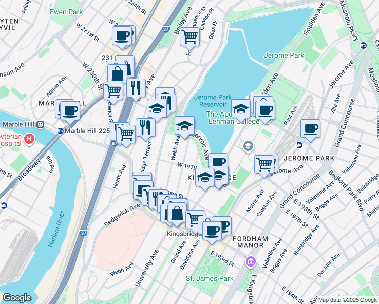 map of restaurants, bars, coffee shops, grocery stores, and more near 2876 Claflin Avenue in The Bronx