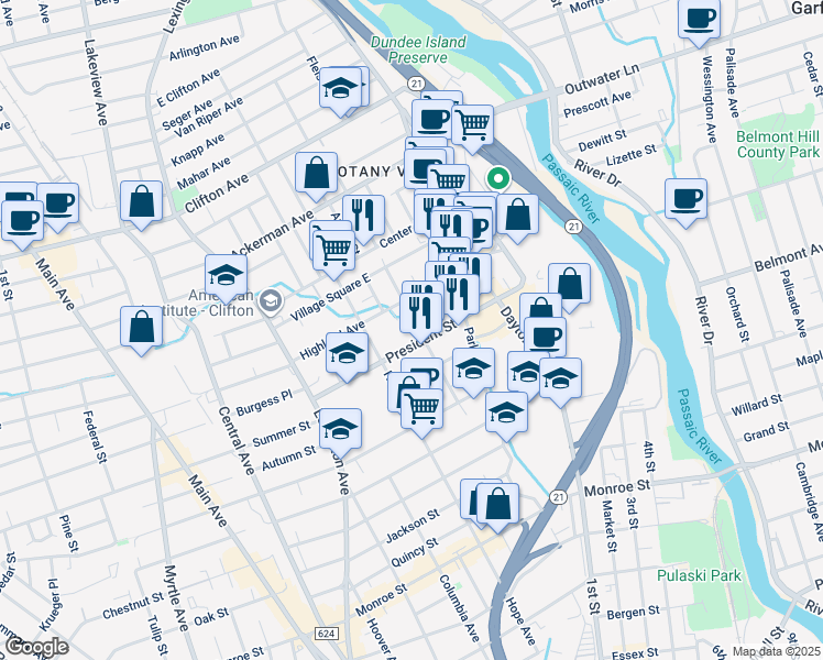 map of restaurants, bars, coffee shops, grocery stores, and more near 131 Highland Avenue in Passaic