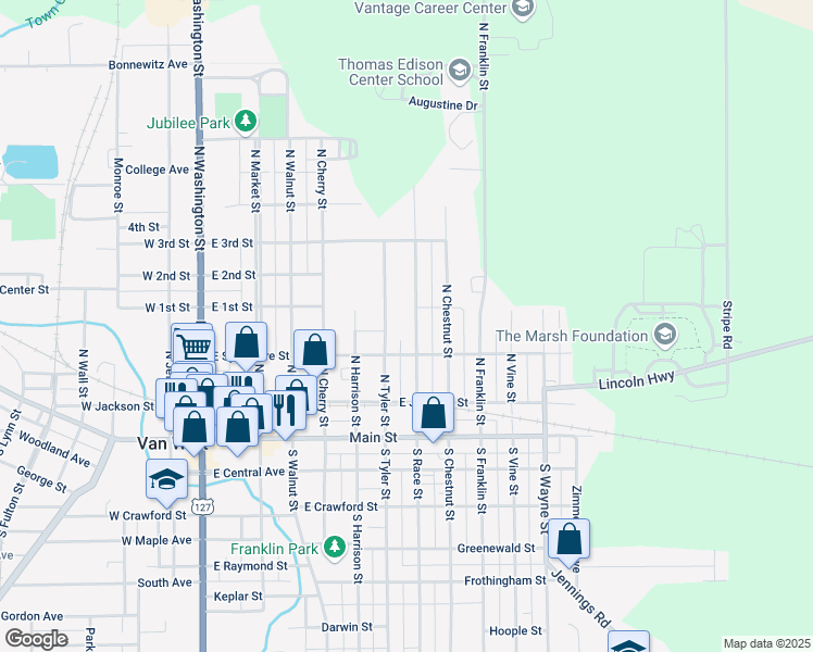 map of restaurants, bars, coffee shops, grocery stores, and more near 343 North Race Street in Van Wert