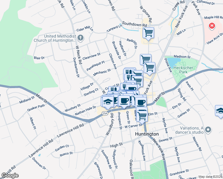 map of restaurants, bars, coffee shops, grocery stores, and more near 22 Central Street in Huntington