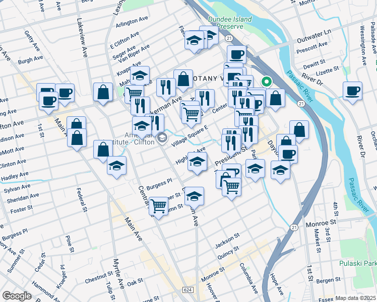 map of restaurants, bars, coffee shops, grocery stores, and more near 169 Lake Avenue in Clifton