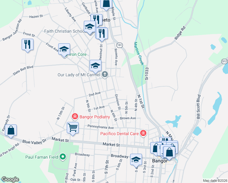 map of restaurants, bars, coffee shops, grocery stores, and more near 517 Division Street in Bangor