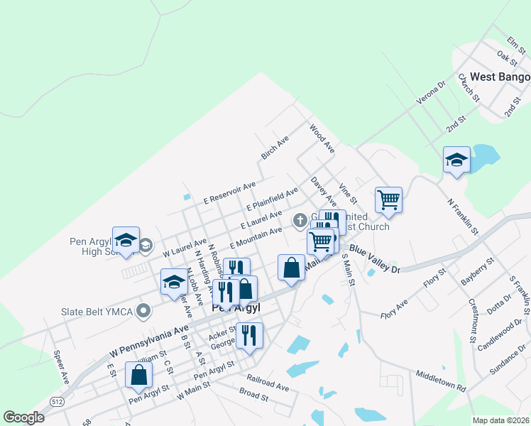 map of restaurants, bars, coffee shops, grocery stores, and more near 305 East Plainfield Avenue in Pen Argyl