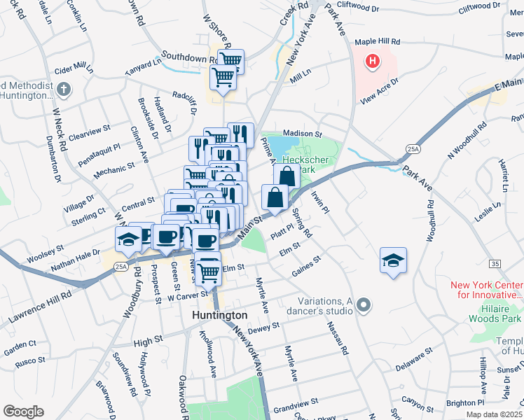 map of restaurants, bars, coffee shops, grocery stores, and more near 20 Gibson Avenue in Huntington