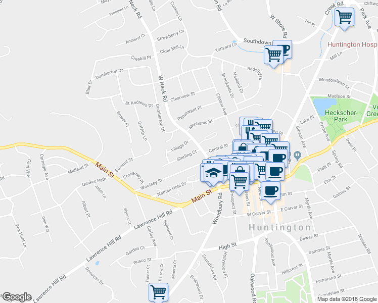 map of restaurants, bars, coffee shops, grocery stores, and more near 15 Sterling Court in Huntington