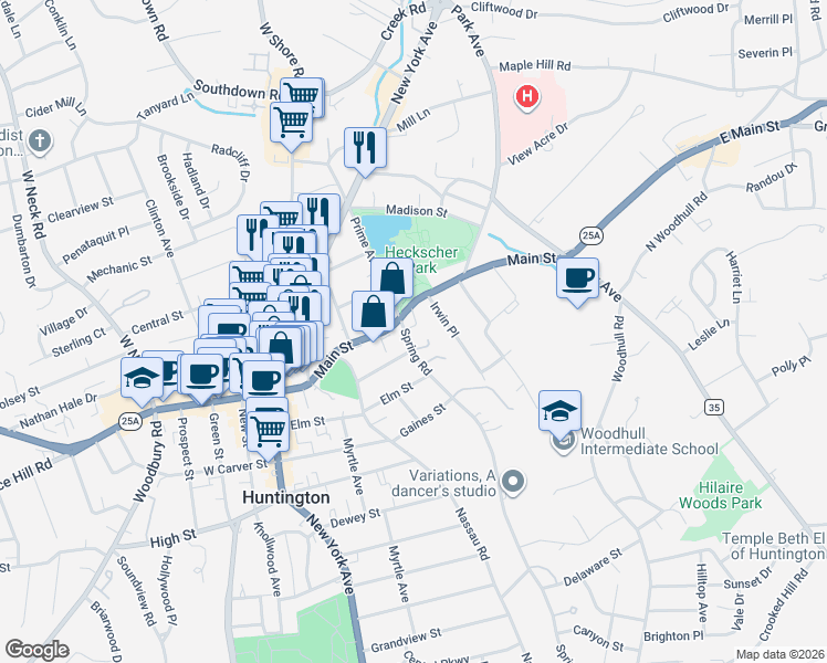 map of restaurants, bars, coffee shops, grocery stores, and more near 12 Spring Road in Huntington
