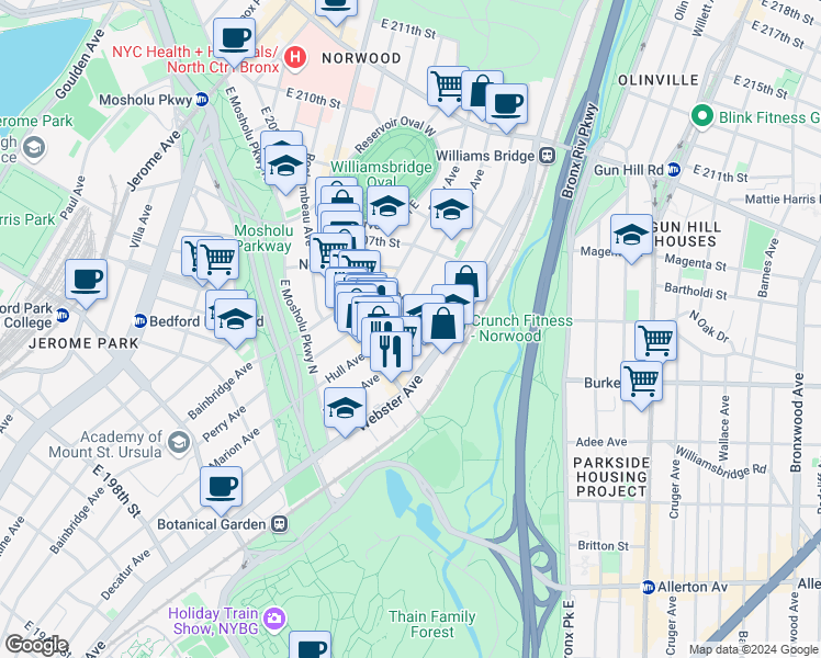 map of restaurants, bars, coffee shops, grocery stores, and more near 3165 Decatur Avenue in Bronx