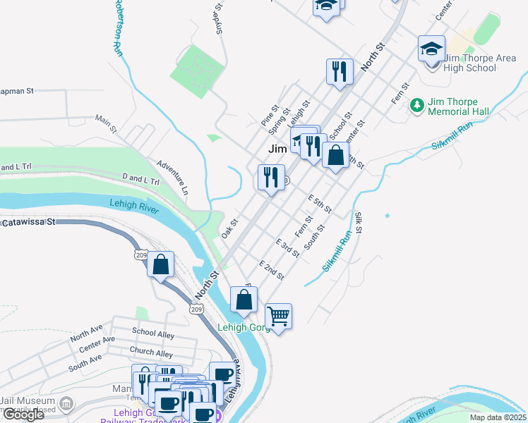 map of restaurants, bars, coffee shops, grocery stores, and more near 45 West 4th Street in Jim Thorpe