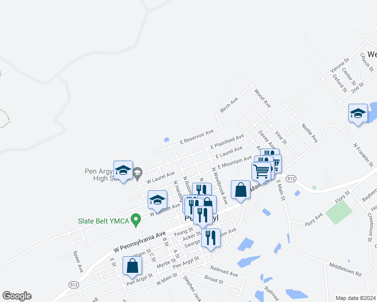 map of restaurants, bars, coffee shops, grocery stores, and more near 21 East Plainfield Avenue in Pen Argyl