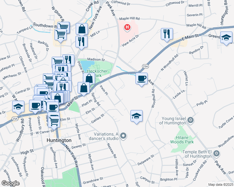 map of restaurants, bars, coffee shops, grocery stores, and more near 52 Jackson Avenue in Huntington