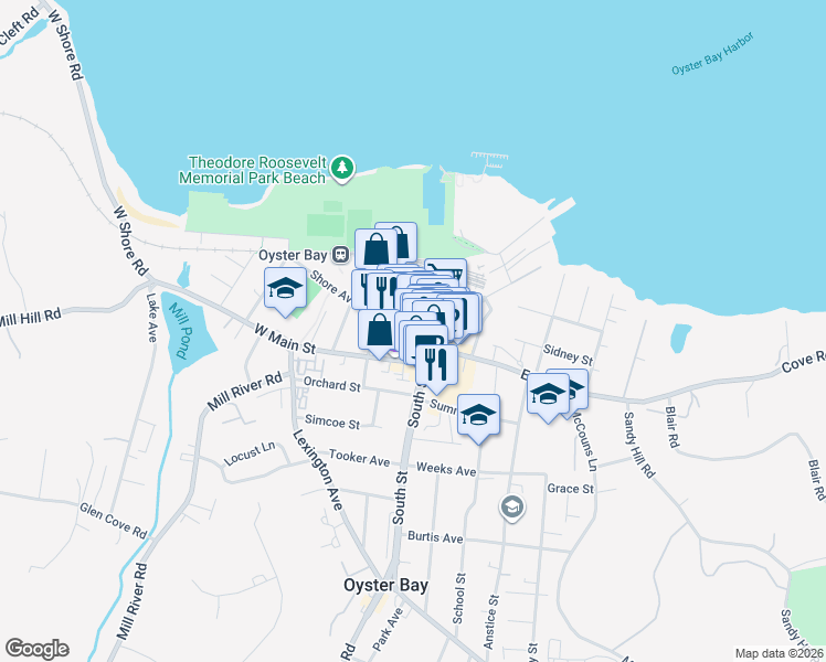map of restaurants, bars, coffee shops, grocery stores, and more near 30 Audrey Avenue in Oyster Bay