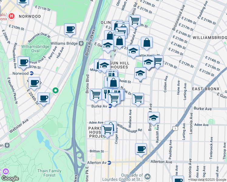 map of restaurants, bars, coffee shops, grocery stores, and more near 700 Rosewood Street in Bronx