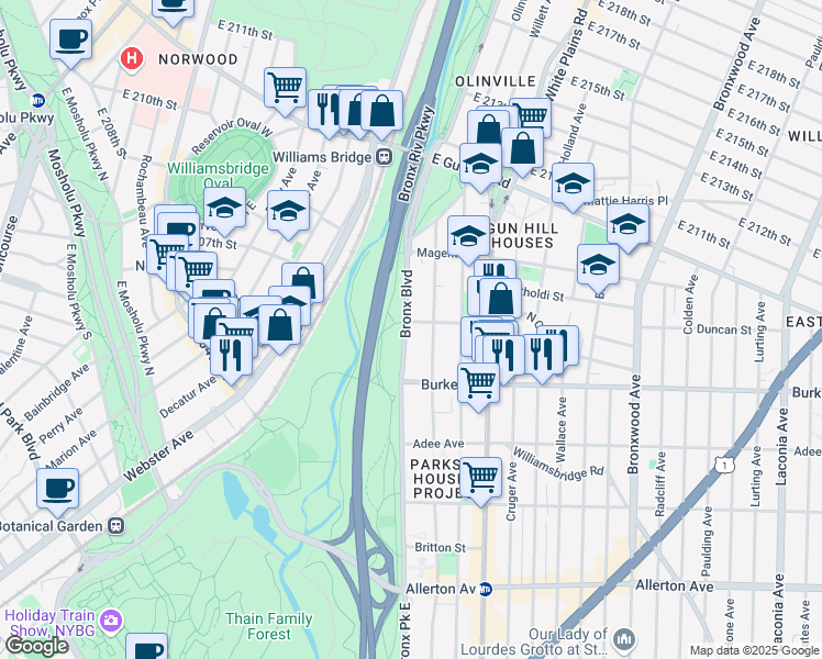 map of restaurants, bars, coffee shops, grocery stores, and more near 3250 Bronx Boulevard in Bronx