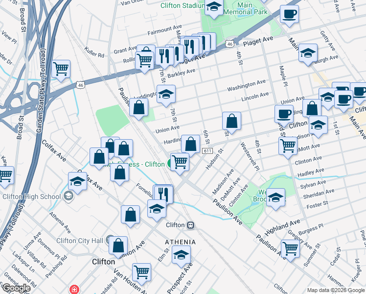 map of restaurants, bars, coffee shops, grocery stores, and more near 353 Harding Avenue in Clifton