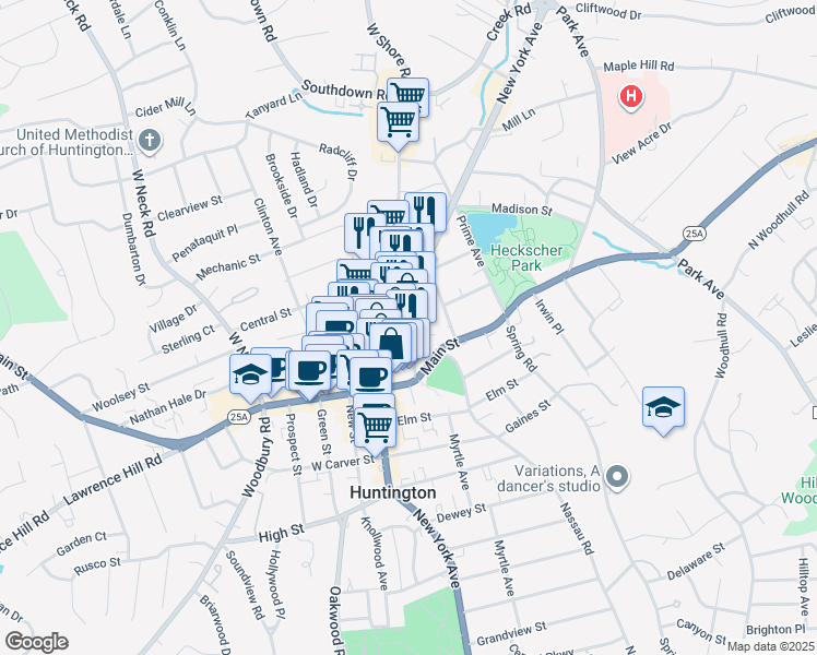 map of restaurants, bars, coffee shops, grocery stores, and more near 57 Stewart Avenue in Huntington