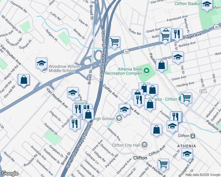 map of restaurants, bars, coffee shops, grocery stores, and more near in Clifton