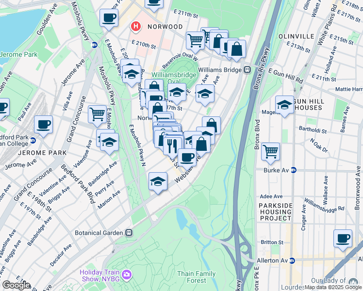 map of restaurants, bars, coffee shops, grocery stores, and more near in The Bronx