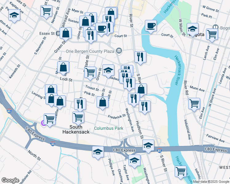 map of restaurants, bars, coffee shops, grocery stores, and more near 39 Lodi Street in Hackensack