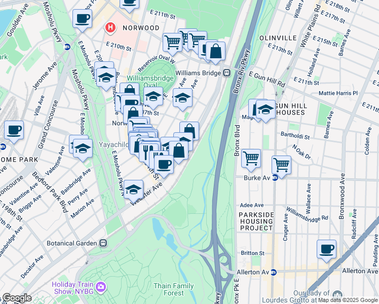 map of restaurants, bars, coffee shops, grocery stores, and more near in The Bronx