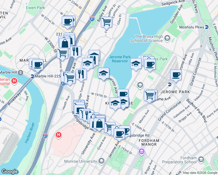 map of restaurants, bars, coffee shops, grocery stores, and more near 2876 Claflin Avenue in The Bronx