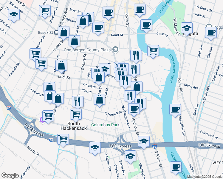 map of restaurants, bars, coffee shops, grocery stores, and more near 39 Lodi Street in Hackensack