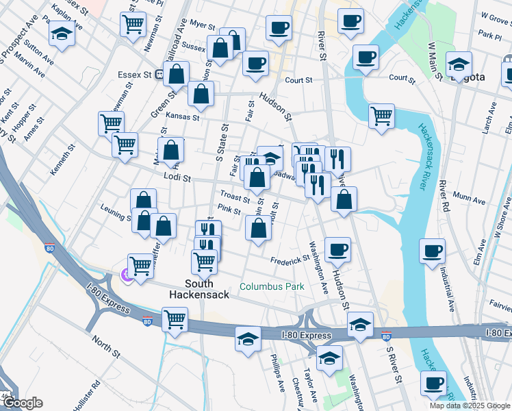 map of restaurants, bars, coffee shops, grocery stores, and more near 74 Troast Street in Hackensack