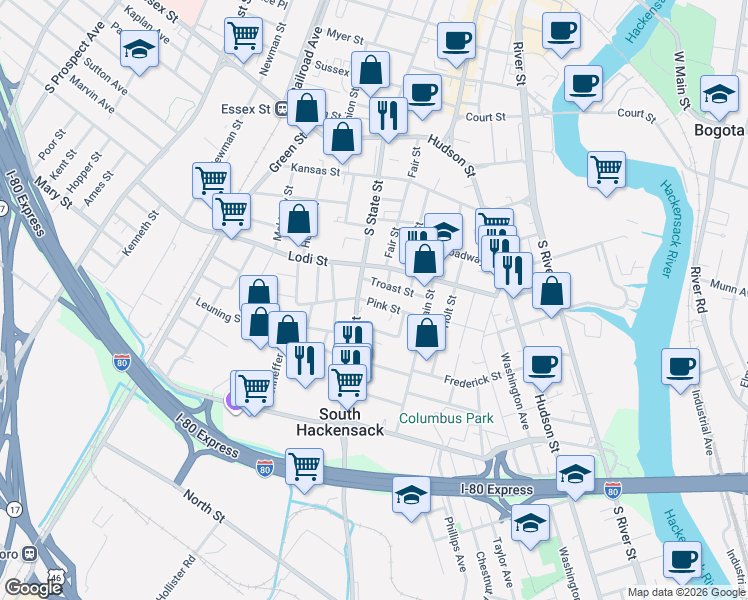 map of restaurants, bars, coffee shops, grocery stores, and more near 105 Troast Street in Hackensack