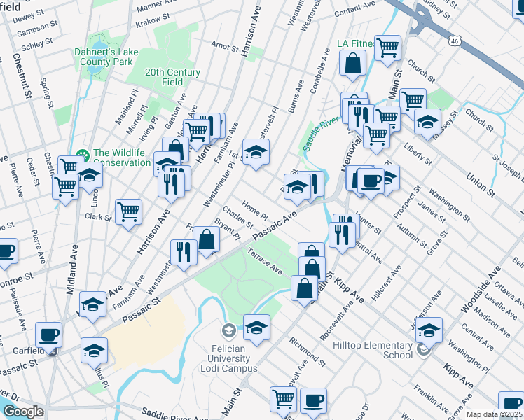 map of restaurants, bars, coffee shops, grocery stores, and more near 33 Park Avenue in Lodi