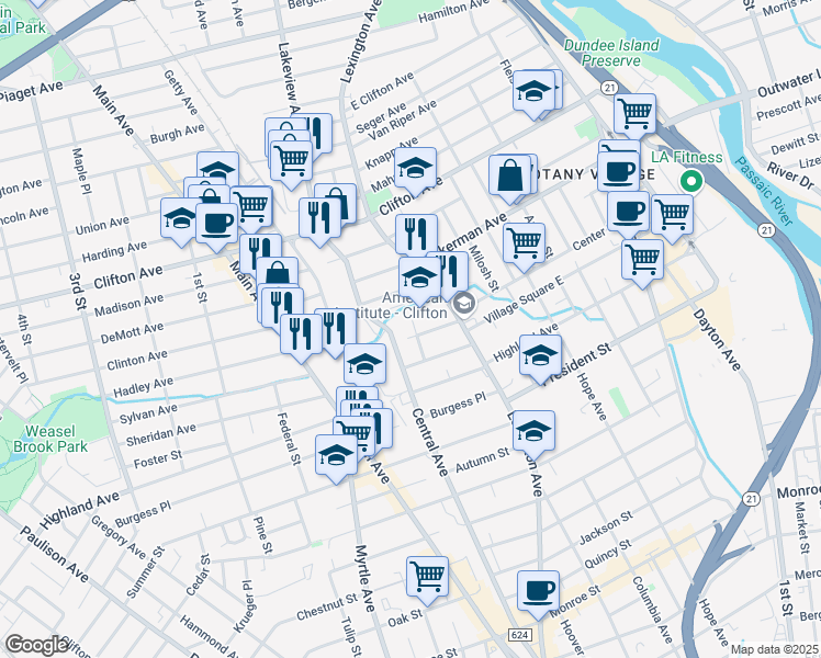 map of restaurants, bars, coffee shops, grocery stores, and more near 361 Lexington Avenue in Clifton