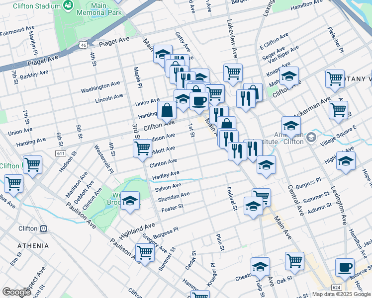 map of restaurants, bars, coffee shops, grocery stores, and more near 48 DeMott Avenue in Clifton
