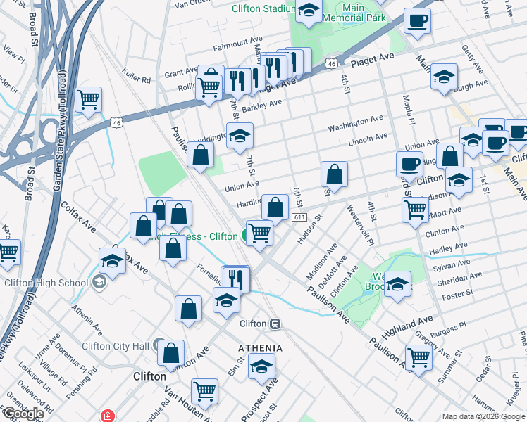 map of restaurants, bars, coffee shops, grocery stores, and more near 353 Harding Avenue in Clifton