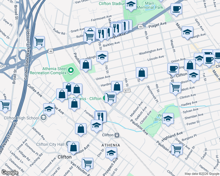 map of restaurants, bars, coffee shops, grocery stores, and more near 353 Harding Avenue in Clifton