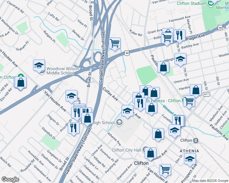 map of restaurants, bars, coffee shops, grocery stores, and more near 36 Barrister Street in Clifton