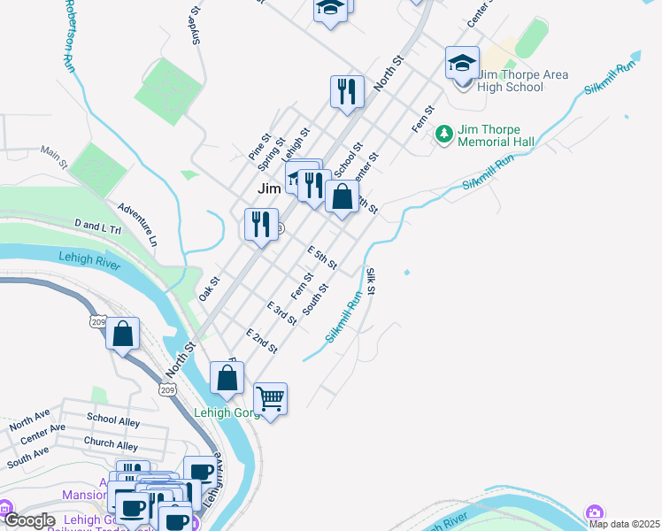 map of restaurants, bars, coffee shops, grocery stores, and more near 507 South Street in Jim Thorpe